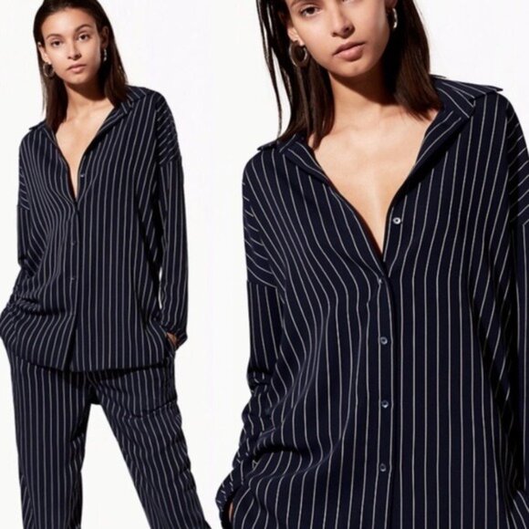 Aritzia Babaton Kearney Pinstripe Blouse Navy Women's Size Medium - Picture 11 of 13
